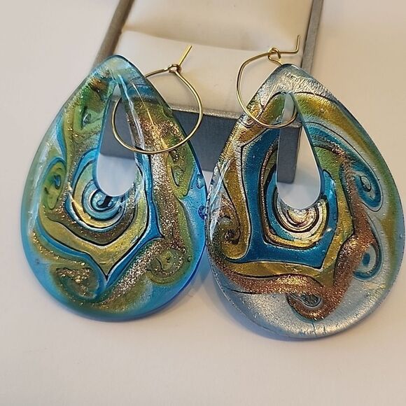 Turquoise and Gold Lampwork Earrings Glass Art Artisan - Picture 1 of 4